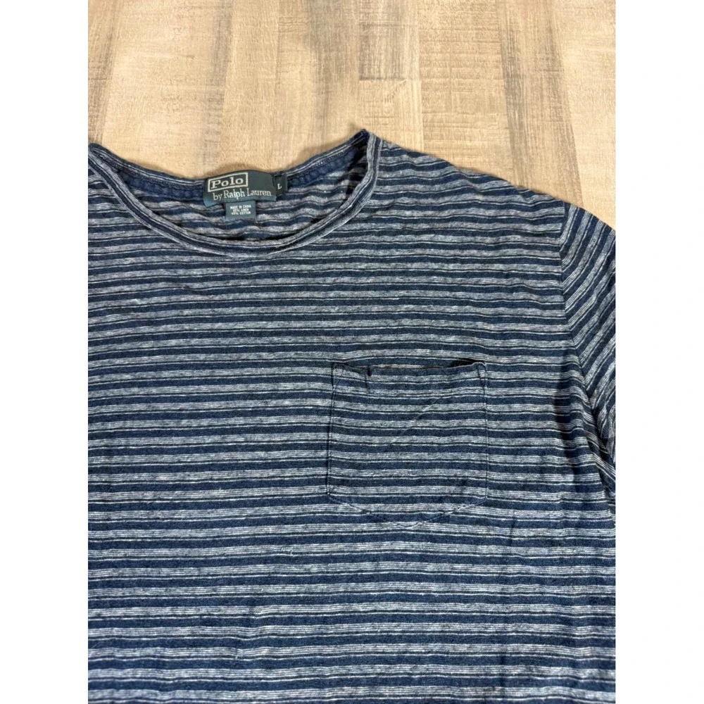 Vtg Polo Ralph Lauren Mens Blue Striped Linen Cotton Pocket T-Shirt Large Thin